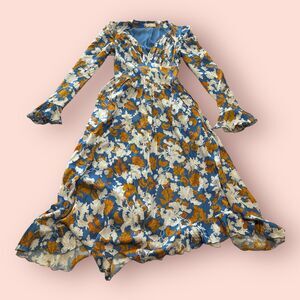 Stine Goya Dress Womens XS Blue Multicolor Floral Long Sleeve Midi